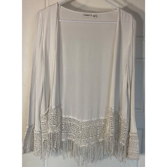 Cato Sweaters - Cato White Open Front Long Sleeve Lace Hem & Cuff Fringed Hem Cardigan M